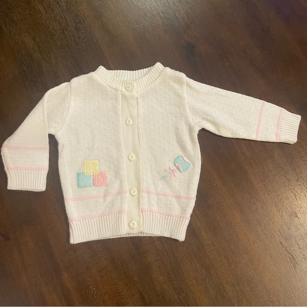 Vintage Baby Kisses 6-9 months cardigan blocks and rattle